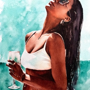 brunette in white bikini - original watercolour painting of a woman wearing bikini woman with wine glass girl watercolor painting 11x15 inch