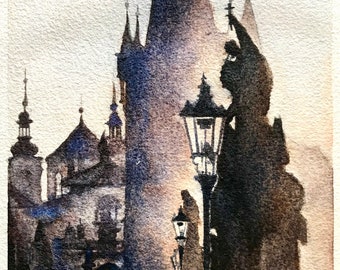 Original watercolour painting of Charles Bridge Prague original artwork cityscape streets of Prague cityscape morning in Prague art 10x7 in