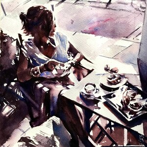Coffee in Paris France - original watercolour painting of a woman drinking coffee in sunny Paris painting love from Paris art 11x15 inch art