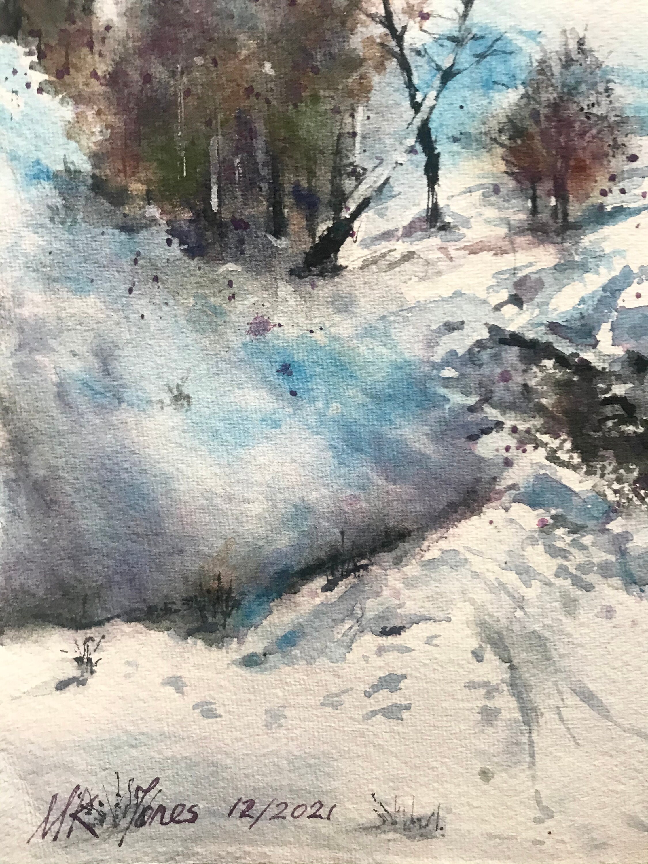 Original Winter Mountain Watercolor Painting – Snowy Stream Landscape ...