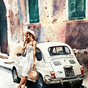 Fiat 500 - Original watercolour painting of Fiat 500 Italian travel painting sunny streets of Italy automotive art Fiat 500 art 11x15 inches