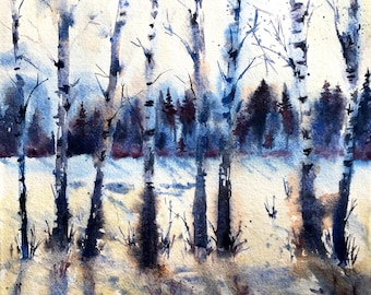 May include: Watercolor painting of a snowy forest scene with tall birch trees in the foreground and a row of dark evergreen trees in the background. The trees are painted in shades of blue and white, with a light wash of yellow in the background.