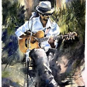 music - original watercolour painting of musician playing guitar man with guitar man playing guitar painting music in courtyard watercolor