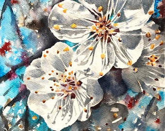 white cherry blossom flowers - original watercolour painting of cherry blossom art cherry blossom watercolor monika floral painting art