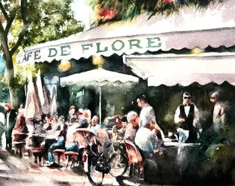 Cafe De Flore Paris Watercolor Painting – Original Parisian Cityscape Art