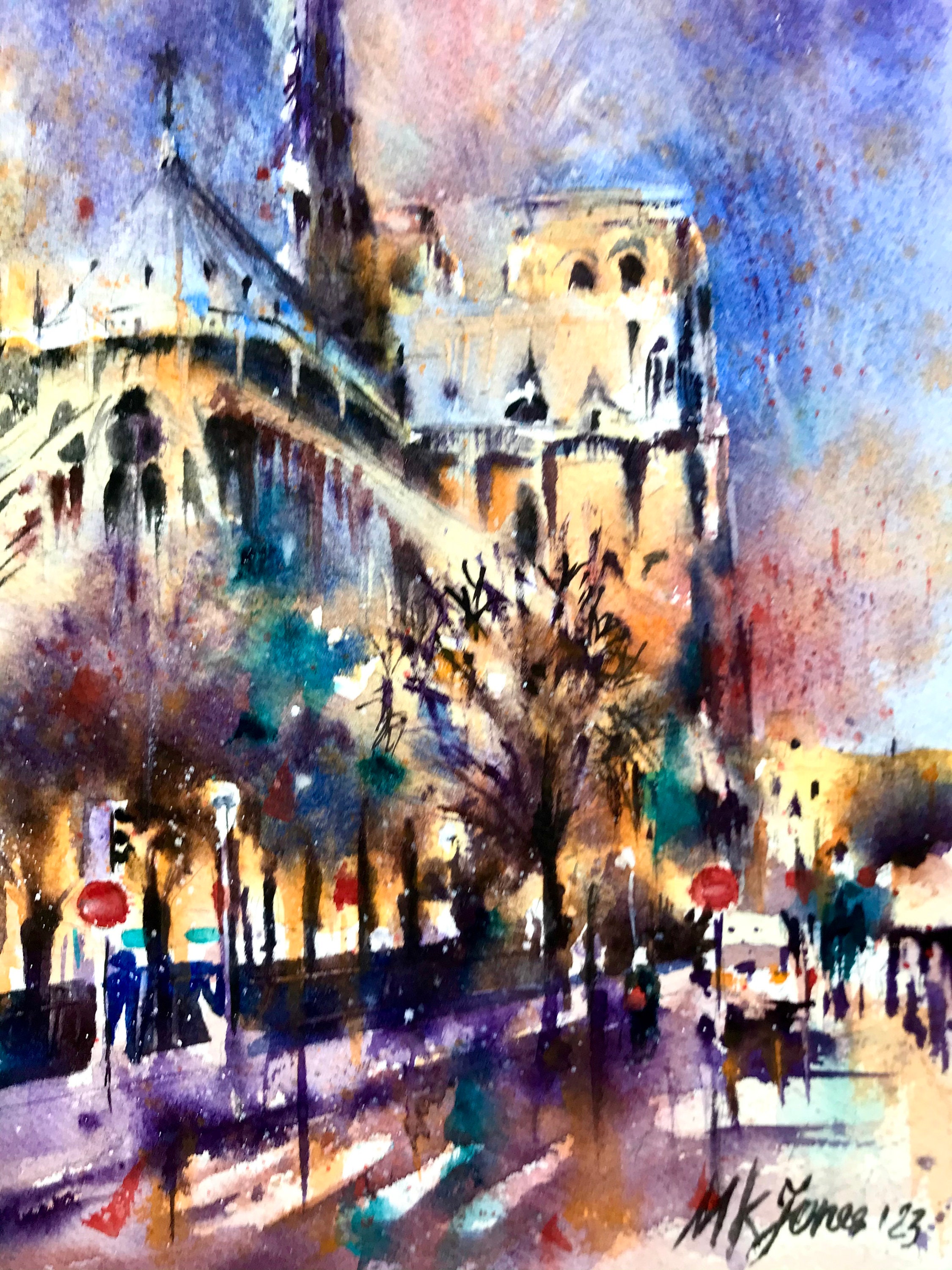 ノートルダム大聖堂の絵画：パリ、フランス、水彩画（11 x 15インチ