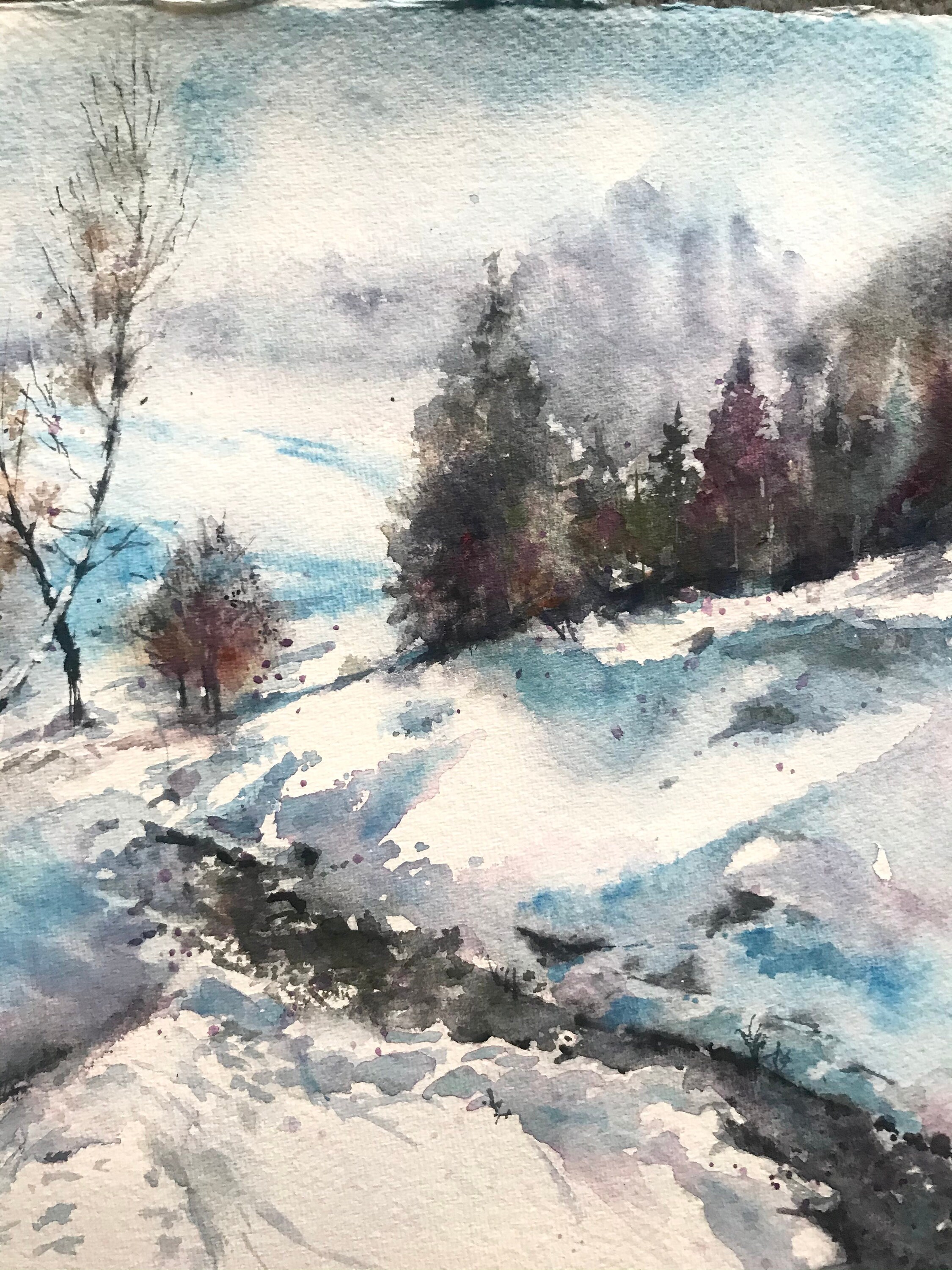 Original Winter Mountain Watercolor Painting – Snowy Stream Landscape ...