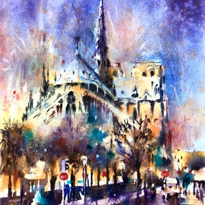 Notre Dame Cathedral Paris France - original watercolour painting of Notre Dame at night fireworks above Notre Dame painting 11x15 inch art