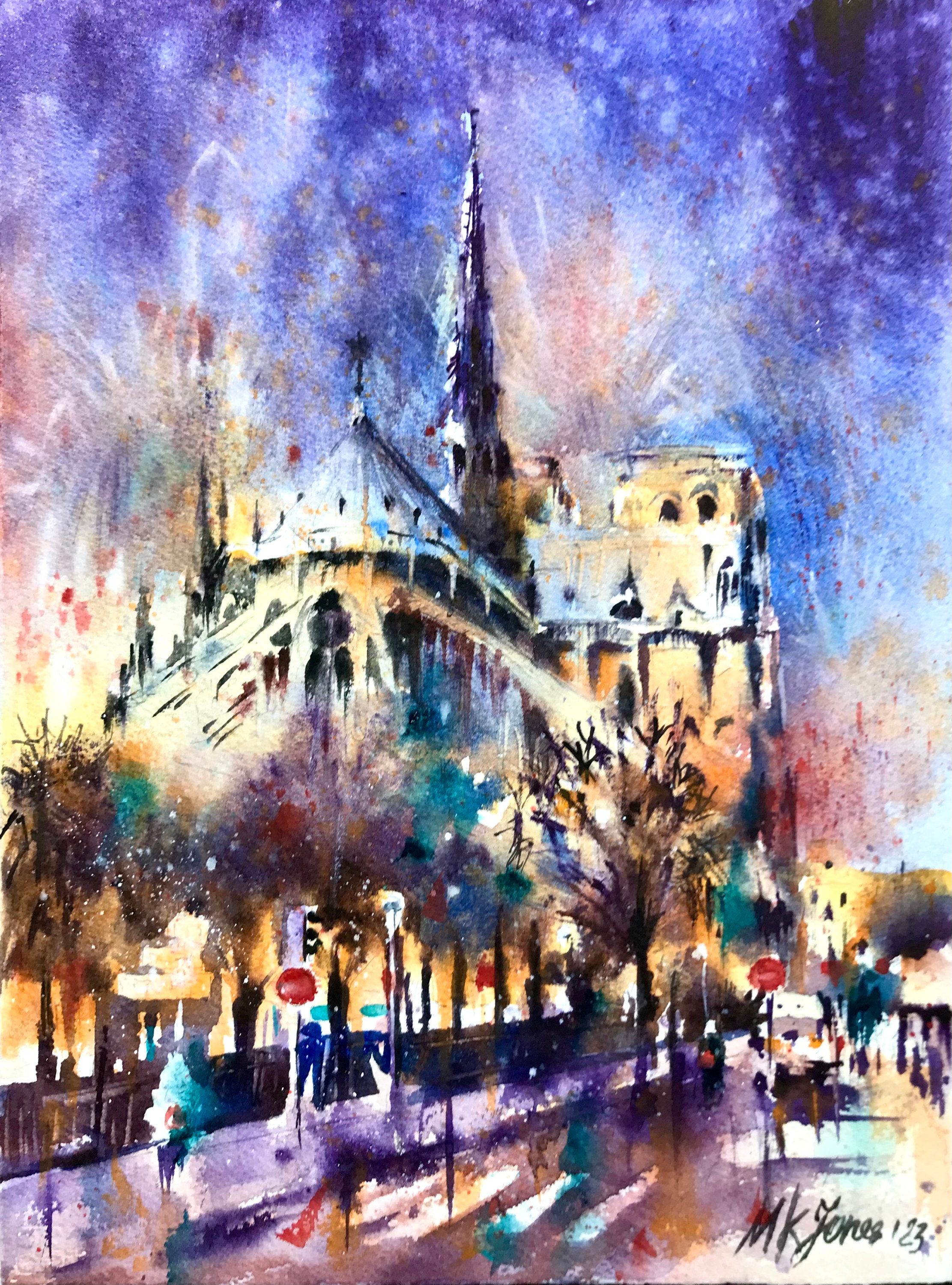 ノートルダム大聖堂の絵画：パリ、フランス、水彩画（11 x 15インチ