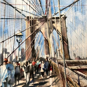 Brooklyn Bridge New York City - Original watercolor painting of Brooklyn Bridge walk Brooklyn Bridge art New York painting NYC art 11x15