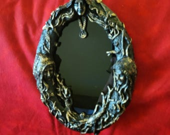 Antique Black and Gold Hanging Triple Goddess Vine and Flowers Scrying Mirror