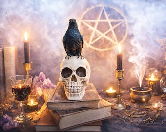 Raven on Skull Book Stack – Gothic Bookend Shelf Decor