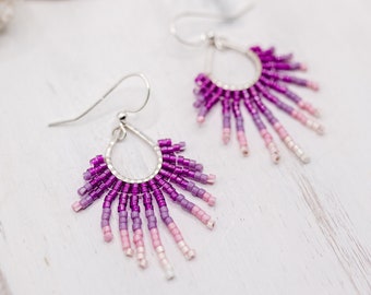 Small Beaded Fringe Earrings in Sterling Silver | Purple and Pink Beaded Earrings