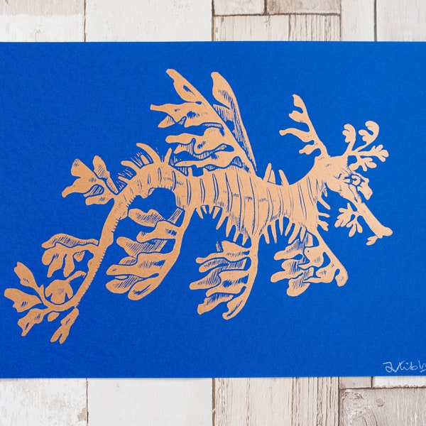 Leafy sea dragon original linocut in rose gold / copper A4 | Seahorse ocean themed linoprint blue