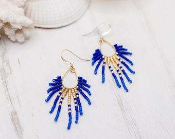 Small Beaded Fringe Earrings Blue and Gold