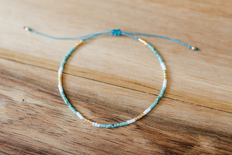 Small Beaded Miyuki Bracelet Friendship Bracelet Beaded Bracelet Boho Bracelet Aqua and Gold