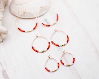 14k Gold Fill Beaded Hoop Earrings | Red and Gold Hoop Earrings