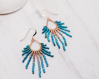 Small Beaded Fringe Earrings in Metallic Blue and Copper | 14k Rose Gold Fill Hooks