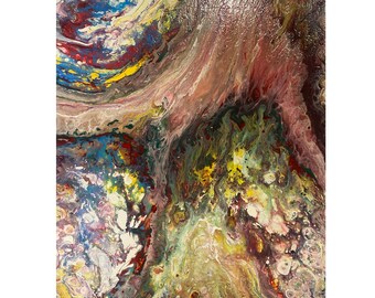 May include: Abstract acrylic painting with a flowing, layered design. The artwork features a mix of colors, including red, blue, yellow, green, and white, creating a textured, marbled effect. The piece has a glossy finish and a dynamic, organic composition.