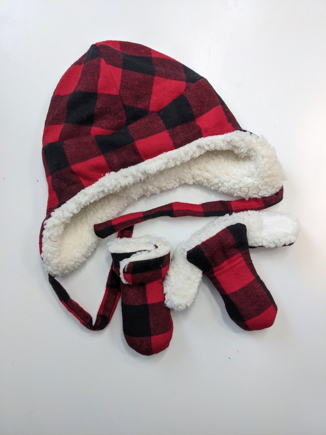 Baby Hat and Mittens Flannel/cotton and Fleece Baby Hat With Ear Flaps