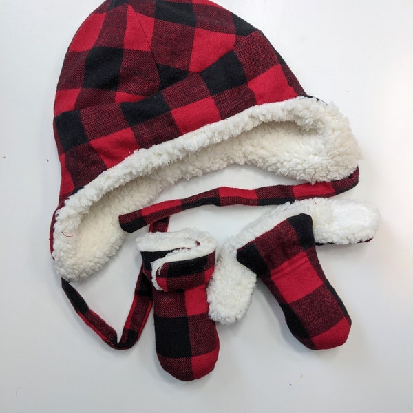 Baby Hat and Mittens | Flannel/Cotton and Fleece Baby Hat with Ear Flaps & Stay On Baby Mittens