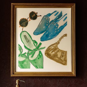 Cool Girl Watercolor Fashion Print – Trendy Shoes, Sunglasses & Bag Wall Art – Chic Feminine Decor for Closet, Vanity, or Bathroom- Digital