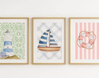 Set de impresiones digitales costeras: arte náutico para pared, salvavidas con faro de velero, descarga instantánea, decoración playera para sala de estar