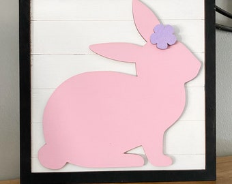 Farmhouse Bunny, Farmhouse Easter, Simple Easter Decor, Modern Easter, pink bunny sign, black frame, shiplap easter, shiplap sign, spring