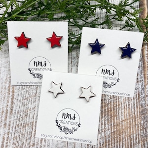 Star earrings, patriotic earrings, red star, white star, blue star studs, star studs, summer jewelry