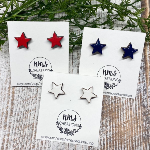 Star earrings, patriotic earrings, red star, white star, blue star studs, star studs, summer jewelry