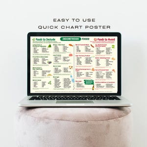 May include: A laptop displays a quick chart poster with the text "Easy to Use" and "Foods to Include" and "Foods to Avoid". The poster lists food categories and examples, including leafy greens, fruits, and beverages. The laptop sits on a pink ottoman.