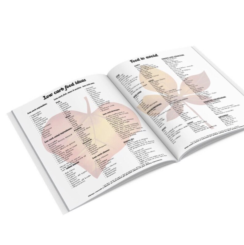 May include: An open book with a pink and orange leaf design on the cover. The book lists low carb food ideas and foods to avoid. The text includes a list of low carb vegetables, fruits, meats, and dairy products.