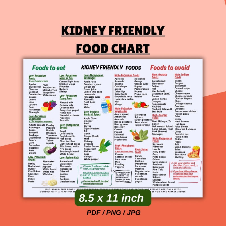 May include: A colorful chart with the title "Kidney Friendly Food Chart". The chart is divided into three sections: "Foods to eat", "Kidney Friendly Foods", and "Foods to avoid". Each section lists foods that are either recommended or to be avoided for people with kidney issues. The chart also includes a disclaimer that this food list is for informational purposes only and should not replace medical advice.