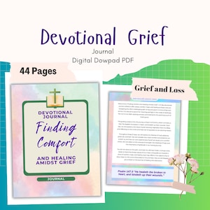 Peut inclure: Un journal de dévotion numérique téléchargeable intitulé "Finding Comfort and Healing Amidst Grief". La couverture présente un fond aquarelle avec une croix et un livre ouvert. Le journal compte 44 pages et comprend une citation du Psaume 147 :3 : « Il guérit ceux qui ont le cœur brisé et panse leurs blessures. »
