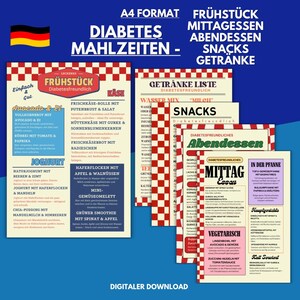 May include: A printable guide for diabetes-friendly meals and snacks. The guide is divided into sections for breakfast, lunch, dinner, and snacks. Each section includes a list of food options, with a red and white chequered background.