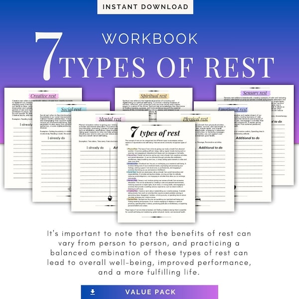 7 types of rest self-care workbook, Counseling therapy templates, Therapist aid, Wellbeing mental health workbook, Counseling gift