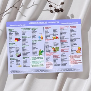 May include: A printed chart with German text, listing foods to consume and avoid for kidney health. The chart is divided into categories like fruits, vegetables, and dairy, with detailed lists of food items. The background is a white, textured surface.