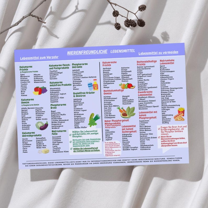May include: A printed chart with German text, listing foods to consume and avoid for kidney health. The chart is divided into categories like fruits, vegetables, and dairy, with detailed lists of food items. The background is a white, textured surface.