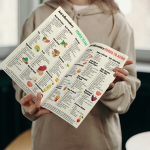 May include: A two-page guide listing anti-inflammatory foods to eat and foods to avoid. The guide is divided into categories such as fruits, vegetables, grains, and healthy fats. The guide also includes a list of foods to avoid, such as high-sodium foods, saturated fats, and processed foods.