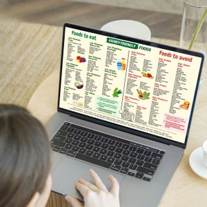May include: A laptop screen displaying a chart of foods to eat and avoid for kidney health. The chart is titled "Kidney Friendly Foods" and lists foods categorized as low potassium, low phosphorus, high potassium, and high phosphorus. The chart also includes a section on foods to avoid, categorized as high oxalates, high sodium, high protein, and high phosphorus.