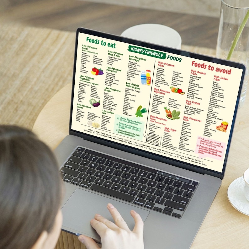 May include: A laptop screen displaying a chart of foods to eat and avoid for kidney health. The chart is titled "Kidney Friendly Foods" and lists foods categorized as low potassium, low phosphorus, high potassium, and high phosphorus. The chart also includes a section on foods to avoid, categorized as high oxalates, high sodium, high protein, and high phosphorus.