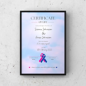 Certificado de vida para gêmeos, impressão de perda de bebê, memorial de natimorto, perda infantil, bebê anjo, impressão de simpatia personalizada de aborto espontâneo