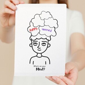 Werkblad kunsttherapie, groepstherapie jongen meisje, sjabloon geestelijke gezondheid, werkbladen mentaliteit kinderen, werkblad therapeut, Whats on your mind pdf