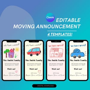 Modèle électronique numérique de faire-part de déménagement, faire-part de nouvelle adresse en téléchargement modifiable, nous avons déplacé la carte postale pour téléphone, nouvelle carte texte maison