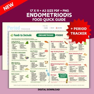 May include: A colorful endometriosis food quick guide with a period tracker. The guide lists foods to include and avoid, categorized by food groups. The text is in black and green, with a red starburst graphic.