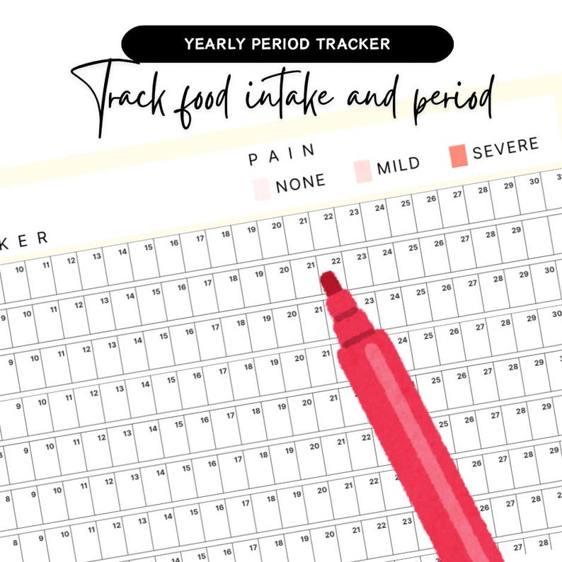 May include: A yearly period tracker with the text "Track food intake and period." The tracker includes a calendar layout with numbered days and sections for pain levels, marked as "NONE," "MILD," and "SEVERE." A red marker is partially visible.