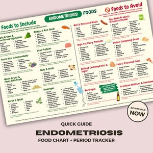 May include: A detailed food chart for endometriosis, listing foods to include and avoid, with sections on anti-inflammatory foods, lean proteins, and soy-based products. Includes a "Download Now" button.