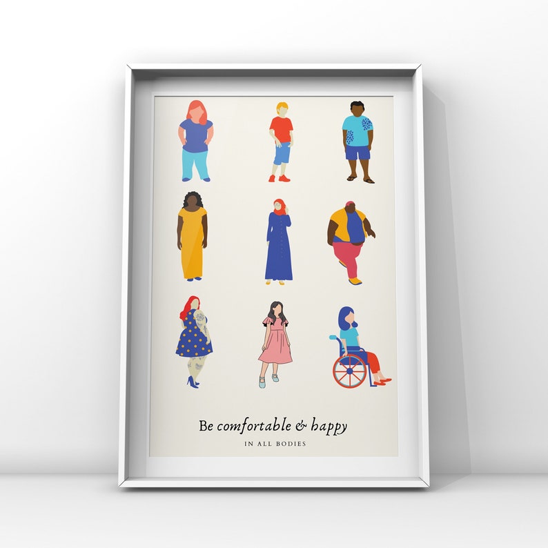 May include: A poster with a white background and a message that reads "Be comfortable & happy in all bodies". The poster features illustrations of nine people of different body types, ages, and ethnicities, all wearing different clothing.