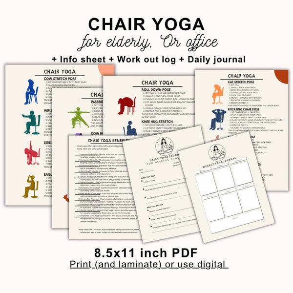 Chair yoga guide for seniors, Exercise for elderly, Office yoga print, Desk yoga, Wheelchair exercise, Nursing home sport, Patient Education