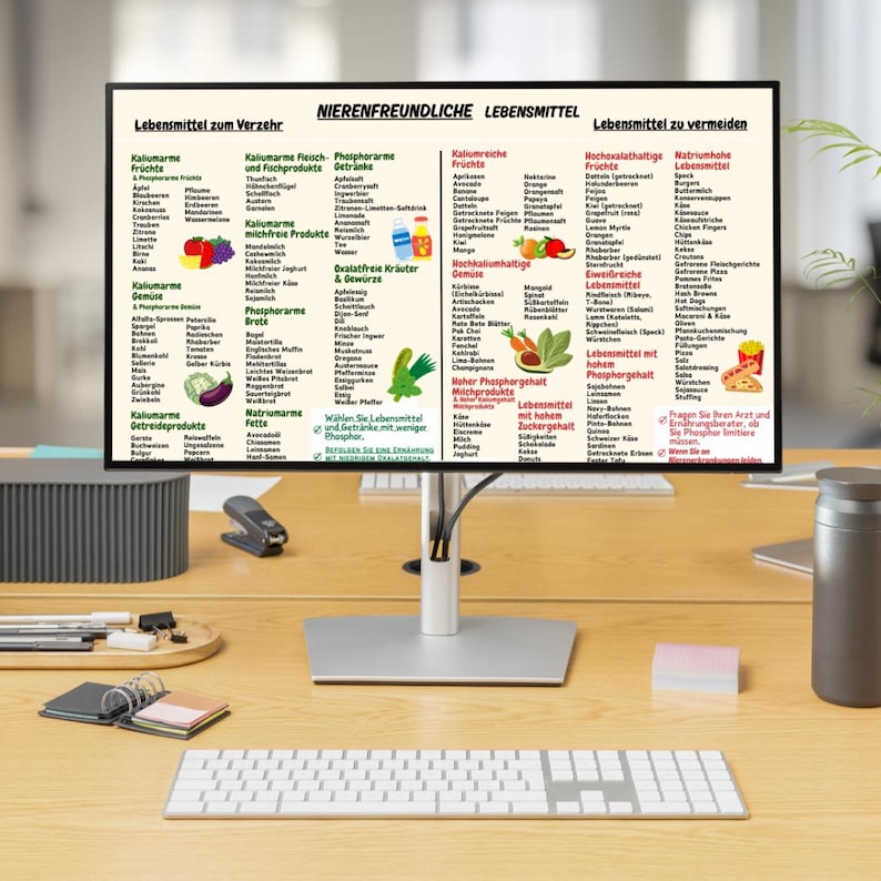 May include: A computer monitor displays a German-language chart titled "Kidney-Friendly Foods." The chart is divided into sections listing foods to consume and avoid, with categories like fruits, vegetables, and dairy products. The monitor sits on a wooden desk with a keyboard and other office supplies.